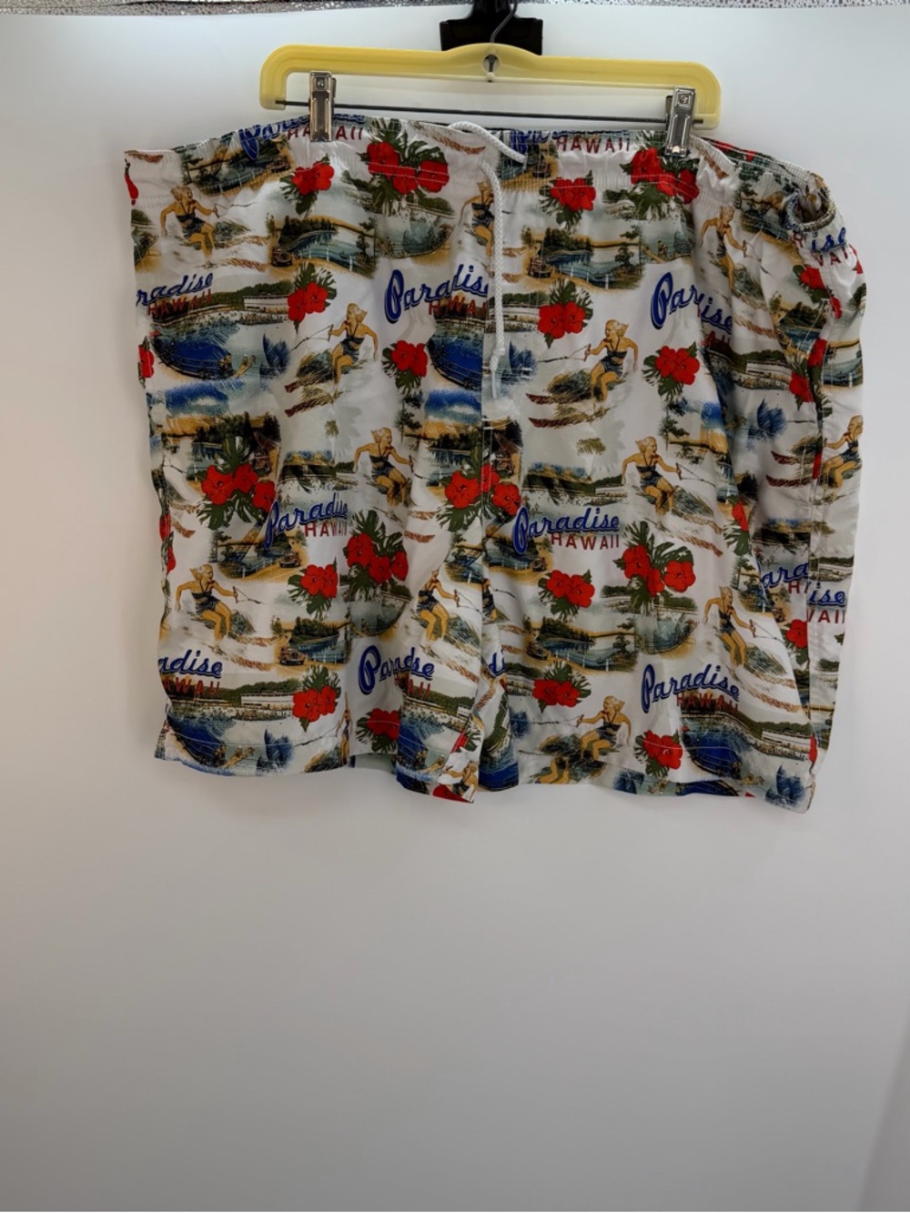 Trader Bay White Tropical Print Men’s Swim Board Shorts with Red Hibiscus